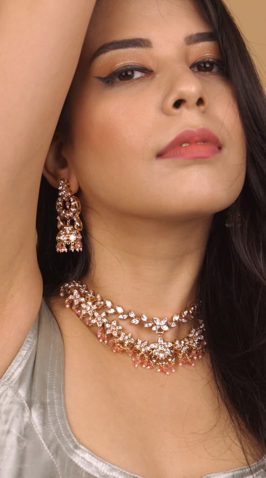Rose Pink Kundan Necklace with Jhumkas